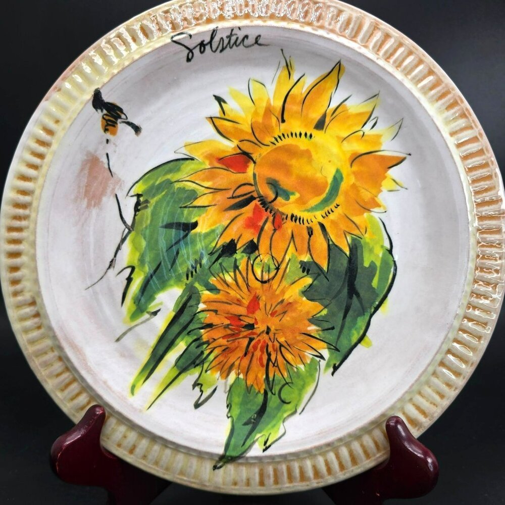 Pottery Barn Plates Solstice Sunflower Handcrafted Set Of 2 9.25" Ceramic DH1331